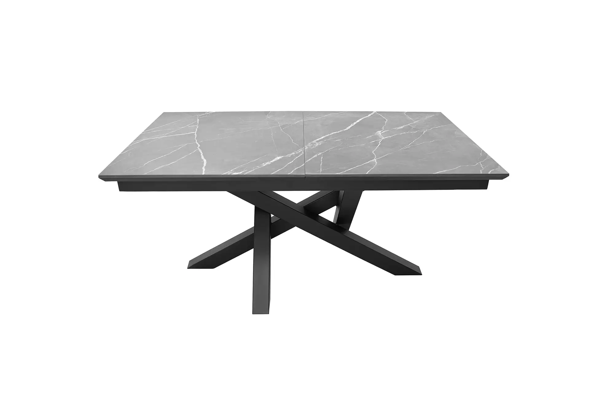 Stół designerski ST-73 spiek kwarcowy szary z użyleniem podstawa metalowa krzyż czarna 180x90 cm