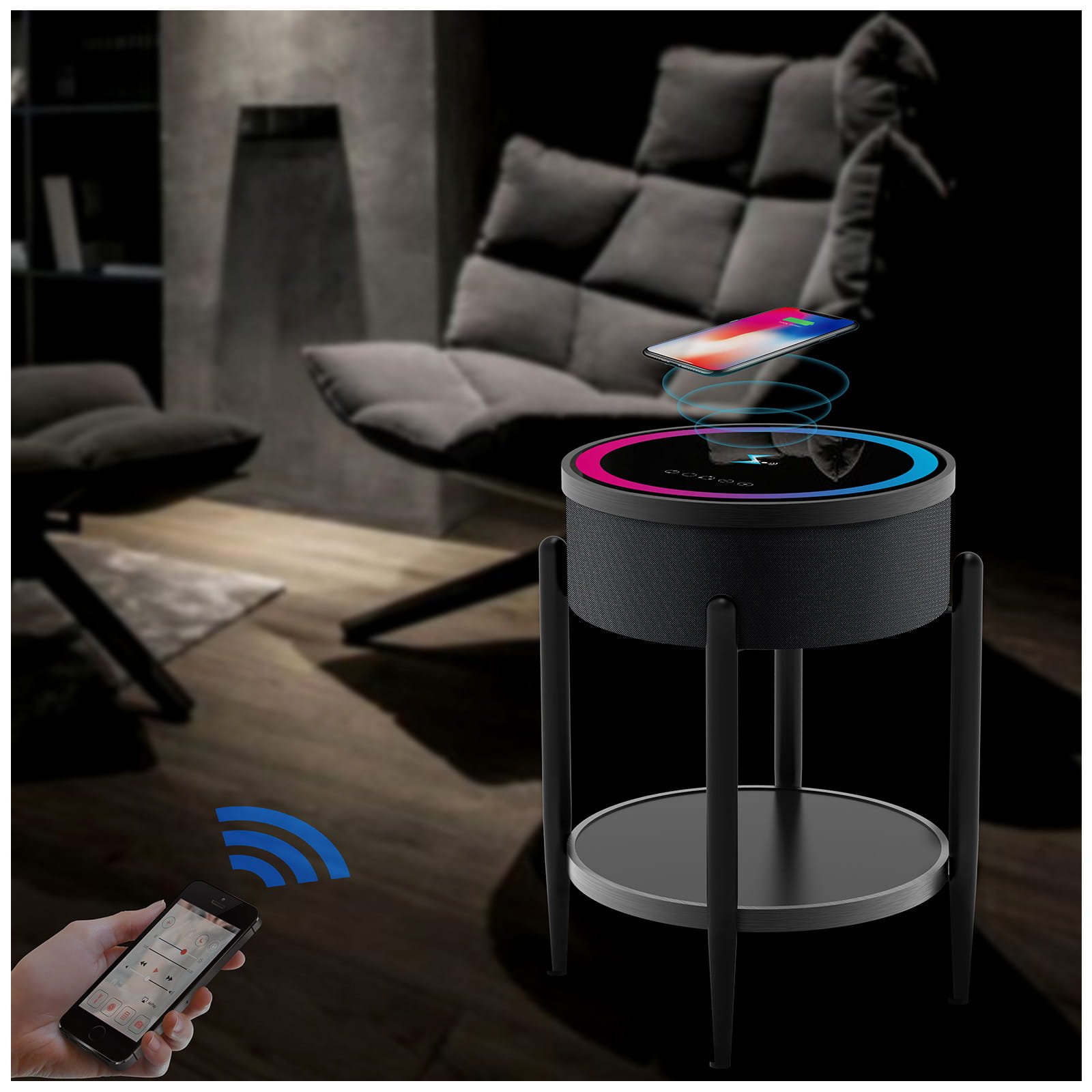 Stolik Boni – okrągły stolik kawowy ze szklanym blatem, głośnikiem Bluetooth i ładowarką indukcyjną - zdjecie 21