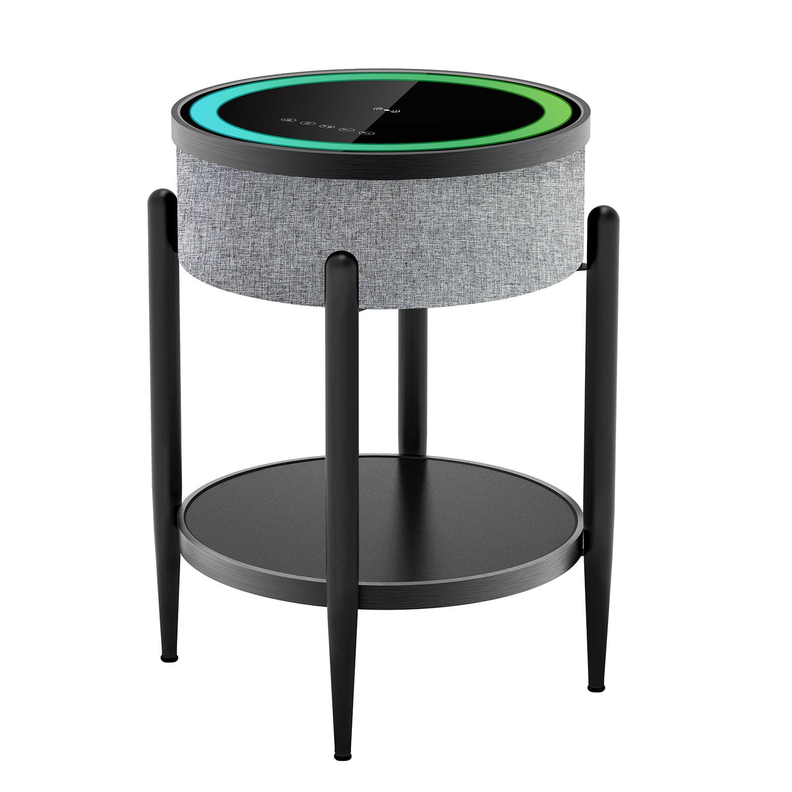 Stolik Boni – okrągły stolik kawowy ze szklanym blatem, głośnikiem Bluetooth i ładowarką indukcyjną