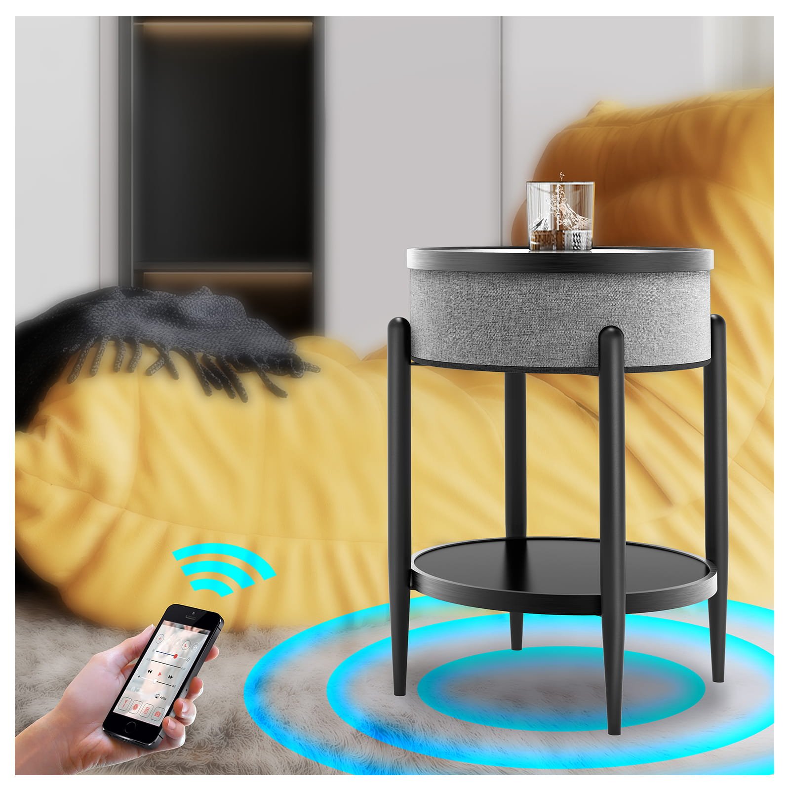 Stolik Boni – okrągły stolik kawowy ze szklanym blatem, głośnikiem Bluetooth i ładowarką indukcyjną - zdjecie 10