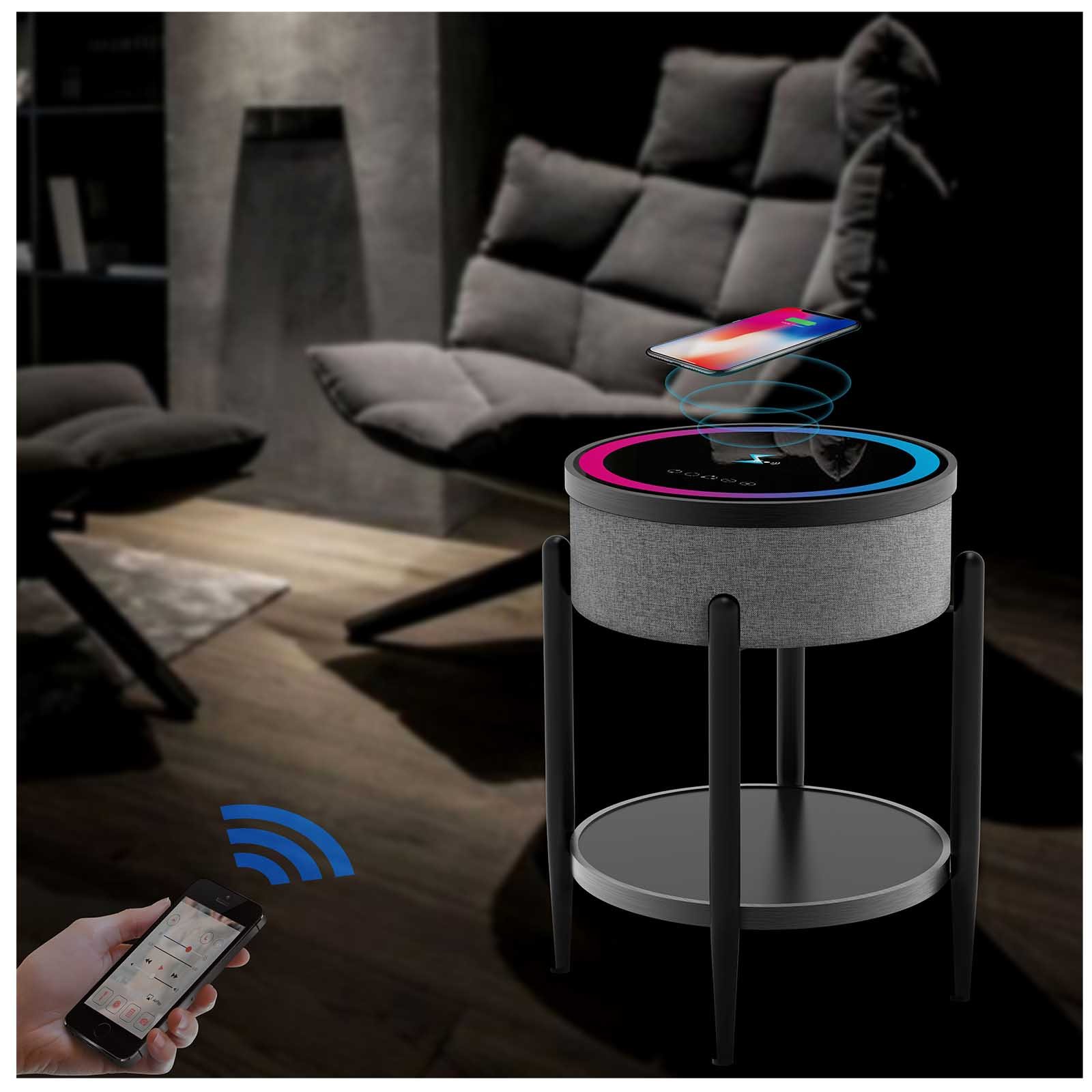Stolik Boni – okrągły stolik kawowy ze szklanym blatem, głośnikiem Bluetooth i ładowarką indukcyjną - zdjecie 11